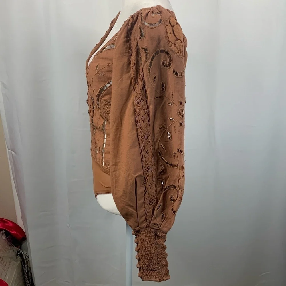 Free People Intimately Regina Brown Eyelet Bodysuit- NWOT